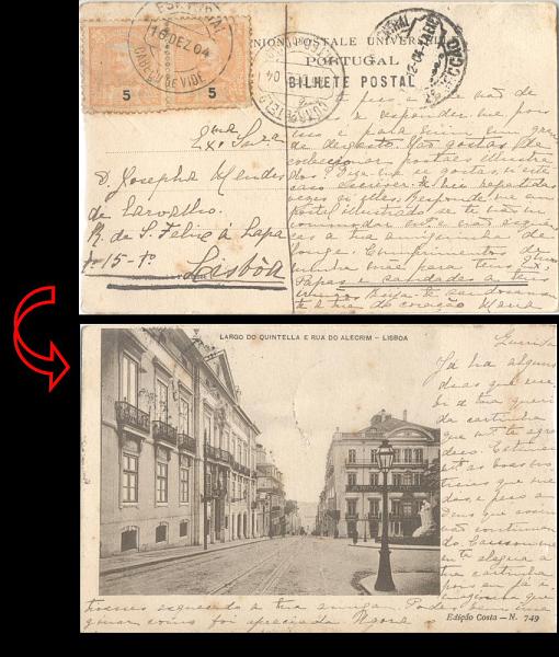 23Lis_1791.jpg -     Lote:    1791            Portugal       Descrição:         Carimbos circulares datados tipo 1880. 1895 &mdash; D. Carlos I Mouchon. Postal ilustrado circulado de Cabeço de Vide (16.12.04) para Lisboa (17.12.04) com trânsito por Alter do Chão (16.12.04), com par de selos de 5 reis laranja. Carimbo batido a preto "CASTEÇO DE VIDE).        PI       Valor Base:     &euro; 4,00     Valor Venda:     &euro; 16,00     