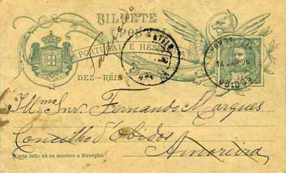 23Lis_1792.jpg -     Lote:    1792            Portugal       Descrição:         Carimbos circulares datados tipo 1880. Inteiro postal de 10 reis verde-azul, emissão D. Carlos I tipo Mouchon, legenda Portugal e Hespanha, OM41, circulado de Óbidos (14.01.06) para Amoreira. Carimbo tipo CCD batido a preto de AMOREIRA (raridade 10). Carimbo mal batido, porém muito raro.        IC       Valor Base:     &euro; 10,00     Valor Venda:     &euro; 16,00     