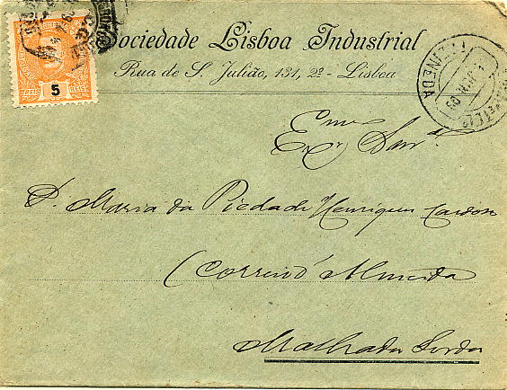 23Lis_1793.jpg -     Lote:    1793            Portugal       Descrição:         Carimbos circulares datados. 1895/96 &mdash; D. Carlos I tipo Mouchon. CE127, 5 reis amarelo, em carta datada do Porto (??.06.09) para Malhada Gorda, com trânsito por Freineda (06.06.09). Carimbo batido a preto de FREINEDA.        Carta       Valor Base:     &euro; 20,00     Valor Venda:     &euro; 20,00     