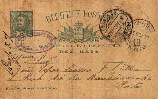23Lis_1794.jpg -     Lote:    1794            Portugal       Descrição:         Carimbos circulares datados. Tipo 1880. Inteiro postal de 10 reis verde, tipo D. Carlos Mouchon, circulado de Parada de Gonta (25.12.02) para o Porto (26.12.02). Carimbo batido a preto de "PARADA DE GONTA".         IC       Valor Base:     &euro; 10,00     Valor Venda:     &euro; 10,00     