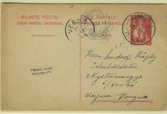 23Lis_1795.jpg -     Lote:    1795            Portugal       Descrição:         Carimbos circulares datados, tipo de 1880. Inteiro postal tipo Ceres de 2c carmim, circulado de Terrenho (22.03.13) para a Hungria (26.03.13) com trânsito por Trancoso (22.03.13). Carimbos batidos a preto de "TERRENHO" e "TRANCOSO".        PI       Valor Base:     &euro; 10,00     Valor Venda:     &euro; 32,00     