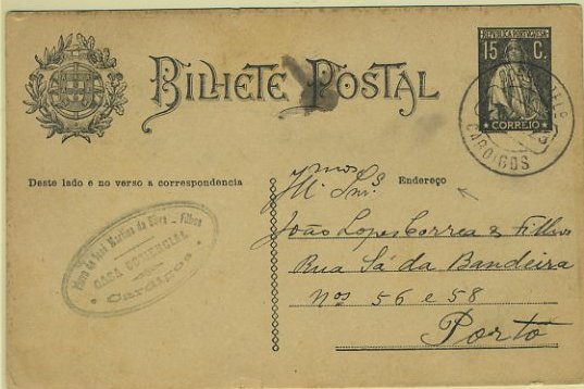 23Lis_1797.jpg -     Lote:    1797            Portugal       Descrição:         Carimbos circulares datados. Inteiro postal tipo Ceres de 15c preto, circulado de Cardigos (25.07.23) para o Porto. Carimbo batido a preto de CARDIGOS.        IC       Valor Base:     &euro; 5,00     Valor Venda:     &euro; 5,00     
