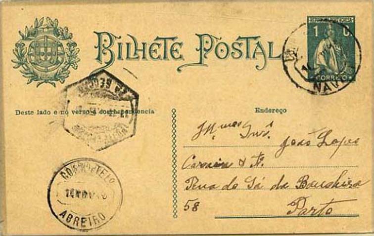23Lis_1798.jpg -     Lote:    1798            Portugal       Descrição:         Carimbos circulares datados, tipo 1880. Inteiro postal de 1c verde tipo Ceres com Escudo Nacional, OM59, circulado de Navalho (11.11.15) para o Porto (17.11.15) com trânsito por Abreiro (16.11.15). Marcas batidas a preto de NAVALHO e ABREIRO.        IC       Valor Base:     &euro; 10,00     Valor Venda:     &euro; 10,00     