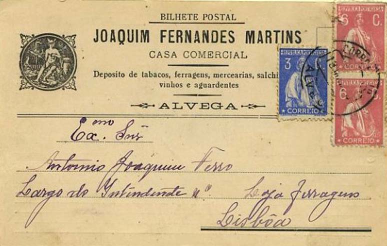 23Lis_1799.jpg -     Lote:    1799            Portugal       Descrição:         Carimbos circulares datados. Postal ilustrado circulado de Alvega (13.05.23) para Lisboa, com selos de 3c azul CE235 + 2 selos de 6c carmim CE236. Carimbo de ALVEGA, batido a preto.        PI       Valor Base:     &euro; 5,00     Valor Venda:     &euro; 12,00     