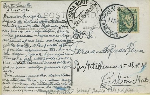 23Lis_1800.jpg -     Lote:    1800            Portugal       Descrição:         Carimbos circulares datados. Postal ilustrado circulado do Porto Santo (17.11.35) para Lisboa (24.11.35) com selo de 25C tipo Lusíadas. Carimbo batido a preto de "ESTAÇÃO RADIO-TELEGRÁFICA / ILHA DE PORTO SANTO". B e R.        PI       Valor Base:     &euro; 20,00     Valor Venda:     &euro; 44,00     