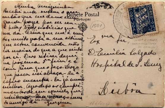 23Lis_1802.jpg -     Lote:    1802            Portugal       Descrição:         Carimbos circulares datados tipo de 1925. Postal ilustrado circulado com selo de $25 azul, tipo Tudo pela Nação, circulado de Abrunhosa-a-Velha para Lisboa. Carimbo batido a preto de ABRUNHOSA (CASA DE REPOUSO).        PI       Valor Base:     &euro; 5,00     Valor Venda:     &euro; 5,00     