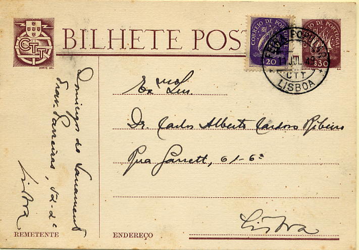 23Lis_1803.jpg -     Lote:    1803            Portugal       Descrição:         Carimbos circulares datados &mdash; Inteiro postal de $30 tipo Caravela OM98 com selo adicional de $20 tipo Caravela, obliterado com carimbo batido a preto "FEIRA POPULAR / 11 JUL 49 / CTT / LISBOA". MB e R.        IC       Valor Base:     &euro; 10,00     Valor Venda:     &euro; 10,00     