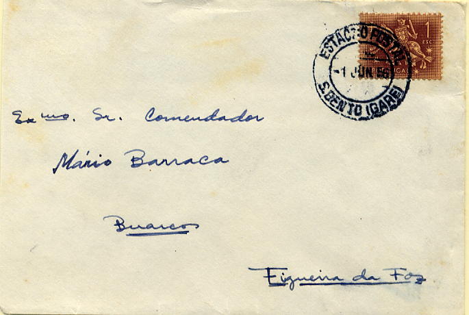 23Lis_1807.jpg -     Lote:    1807            Portugal       Descrição:         Carimbos circulares datados &mdash; Sobrescrito circulado de S. Bento (01.06.56) para Buarcos com selo de 1$00 Cavaleiro Medieval CE768, obliterado com carimbo batido a preto "ESTAÇÃO POSTAL / S. BENTO (GARE)". MB e R.        Carta       Valor Base:     &euro; 10,00     Valor Venda:     Retirado     
