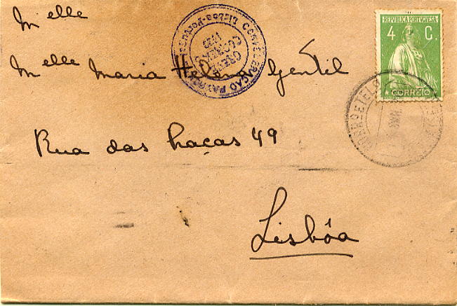 23Lis_1809.jpg -     Lote:    1809            Portugal       Descrição:         1920 &mdash; Greve dos Correios. Sobrescrito circulado em Lisboa (14.01.20) com selo de 4c verde amarelo, tipo Ceres CE226, denteado 15x14, papel espesso. Carimbo batido a violeta "CONFEDERAÇÃO PATRONAL * LISBOA &mdash; PORTUGAL / GREVE / CORREIOS / 1920". Falso.        Carta       Valor Base:     &euro; 20,00     Valor Venda:     &euro; 20,00     