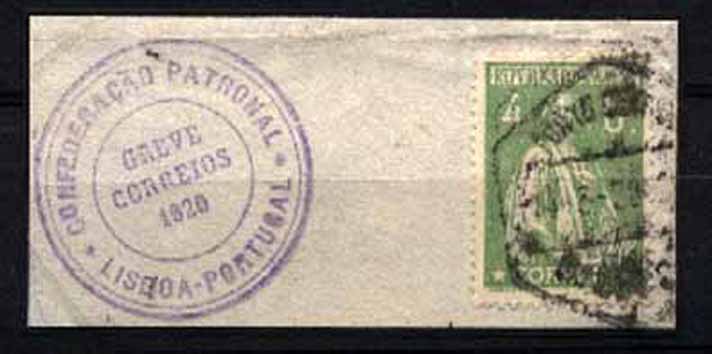 23Lis_1810.jpg -     Lote:    1810            Portugal       Descrição:         Marcas da greve dos correios de 1920 &mdash; Fragmento com selo de 4c verde amarelo tipo Ceres, CE226. Marca batida a violeta "CONFEDERAÇÃO PATRONAL / GREVE CORREIOS 1920 / LISBOA &mdash; PORTUGAL".        FRG       Valor Base:     &euro; 10,00     Valor Venda:     Retirado     