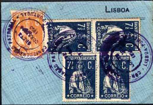 23Lis_1811.jpg -     Lote:    1811            Portugal       Descrição:         Marcas da greve dos correios de 1920 &mdash; Fragmento com 4 selos de 7 &frac12; c azul CE229 + selo de 2c laranja CE223, todos tipo Ceres. Marca batida a violeta escuro "CONFEDERAÇÃO PATRONAL / GREVE CORREIOS 1920 / LISBOA &mdash; PORTUGAL". MB        FRG       Valor Base:     &euro; 25,00     Valor Venda:     &euro; 25,00     