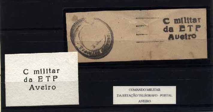 23Lis_1812.jpg -     Lote:    1812            Portugal       Descrição:         Marcas da greve dos correios de 1920 &mdash; Fragmento sem selos, com marca batida a preto do posto de correios de recurso, instalado no Comando Militar da Estação Telegrafo-Postal de Aveiro, "C. militar / da ETP / Aveiro" e marca batida a preto da "CONFEDERAÇÃO PATRONAL / GREVE CORREIOS 1920 / LISBOA &mdash; PORTUGAL". MR.        FRG       Valor Base:     &euro; 50,00     Valor Venda:     Retirado     