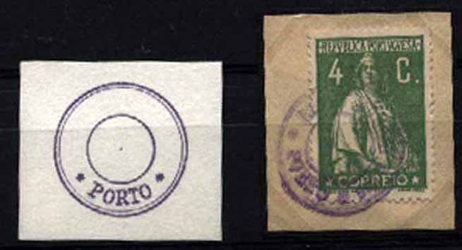 23Lis_1813.jpg -     Lote:    1813            Portugal       Descrição:         Marcas da greve dos correios de 1920 &mdash; Fragmento com selo de 4c verde amarelo tipo Ceres, CE226. Marca batida a violeta de posto de correio de recurso no Porto. Acompanha desenho.        FRG       Valor Base:     &euro; 40,00     Valor Venda:     &euro; 65,00     