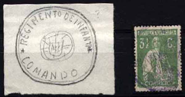 23Lis_1814.jpg -     Lote:    1814            Portugal       Descrição:         Marcas da greve dos correios de 1920 &mdash; Selo de 3 &frac12; c. verde amarelo tipo Ceres, CE225. Marca batida a violeta de posto de correio de recurso instalado em Comando de Regimento de Infantaria. Acompanha desenho.        O       Valor Base:     &euro; 40,00     Valor Venda:     &euro; 40,00     