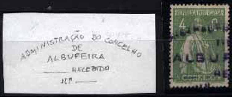23Lis_1815.jpg -     Lote:    1815            Portugal       Descrição:         Marcas da greve dos correios de 1920 &mdash; Selo de 4c verde amarelo tipo Ceres, CE226. Marca batida a violeta de posto de correio de recurso instalado na "ADMINISTRAÇÃO DO CONCELHO / DE / ALBUFEIRA". B e MR.        O       Valor Base:     &euro; 50,00     Valor Venda:     &euro; 80,00     