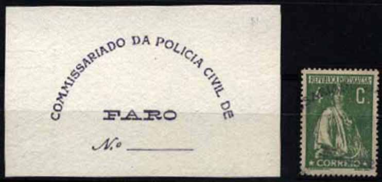 23Lis_1817.jpg -     Lote:    1817            Portugal       Descrição:         Marcas da greve dos correios de 1920 &mdash; Selo de 4c verde amarelo tipo Ceres, CE226. Marca batida a violeta de posto de correio de recurso instalado No "COMISSARIADO DA POLICIA CIVIL DE / FARO". B e MR.        O       Valor Base:     &euro; 50,00     Valor Venda:     &euro; 50,00     