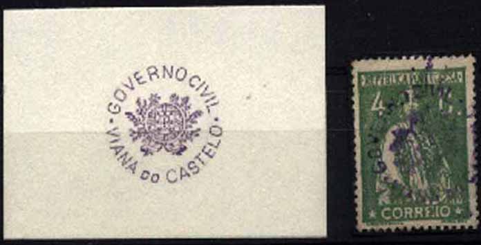 23Lis_1819.jpg -     Lote:    1819            Portugal       Descrição:         Marcas da greve dos correios de 1920 &mdash; Selo de 4c verde amarelo tipo Ceres, CE226. Marca batida a violeta de posto de correio de recurso instalado no "GOVERNO CIVIL / VIANA DO CASTELO". Acompanha desenho do carimbo. B e MR.        O       Valor Base:     &euro; 50,00     Valor Venda:     &euro; 50,00     