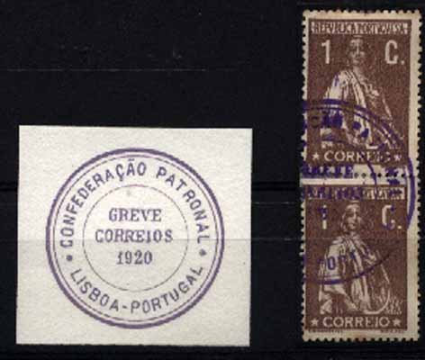 23Lis_1820.jpg -     Lote:    1820            Portugal       Descrição:         Marcas da greve dos correios de 1920 &mdash; Par de selos de 1c castanho tipo Ceres, CE221. Marca batida a violeta da "CONFEDERAÇÃO PATRONAL / GREVE DOS CORREIOS 1920 / LISBOA &mdash; PORTUGAL".        O       Valor Base:     &euro; 10,00     Valor Venda:     Retirado     