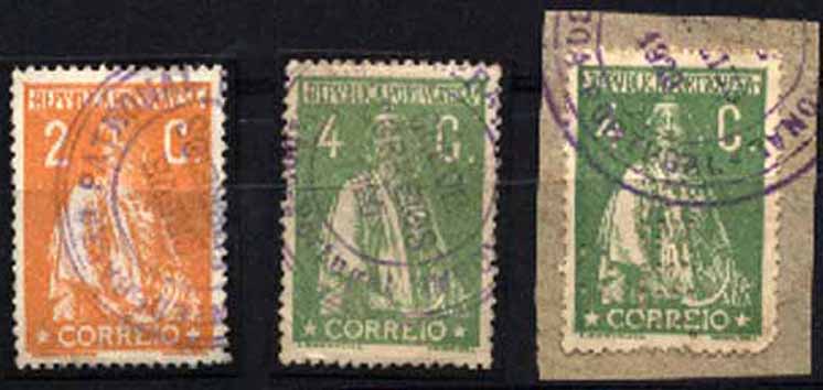 23Lis_1821.jpg -     Lote:    1821            Portugal       Descrição:         Marcas da greve dos correios de 1920 &mdash; Lote composto por selo de 2 c laranja + 2 selos de 4c verde (um deles sobre fragmento) do tipo Ceres, CE223 e CE226 (2). Marca batida a violeta em todos eles, da "CONFEDERAÇÃO PATRONAL / GREVE DOS CORREIOS 1920 / LISBOA &mdash; PORTUGAL".        O       Valor Base:     &euro; 10,00     Valor Venda:     Retirado     