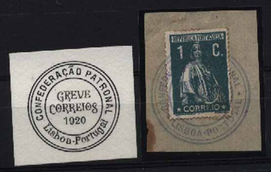 23Lis_1822.jpg -     Lote:    1822            Portugal       Descrição:         Marcas da greve dos correios de 1920 &mdash; Fragmento com selo de 1c verde escuro, tipo Ceres, CE208. Marca batida a azul da "CONFEDERAÇÃO PATRONAL / GREVE DOS CORREIOS 1920 / LISBOA &mdash; PORTUGAL".        FRG       Valor Base:     &euro; 10,00     Valor Venda:     Retirado     