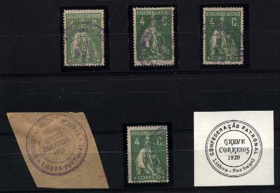 23Lis_1823.jpg -     Lote:    1823            Portugal       Descrição:         Marcas da greve dos correios de 1920 &mdash; Lote composto por:4 selos de 4c verde, tipo Ceres, CE226 + fragmento de papel sem selos, todos obliterados com marca batida a violeta da "CONFEDERAÇÃO PATRONAL / GREVE DOS CORREIOS 1920 / LISBOA &mdash; PORTUGAL".        O/FRG       Valor Base:     &euro; 15,00     Valor Venda:     Retirado     