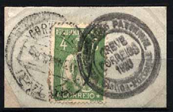 23Lis_1824.jpg -     Lote:    1824            Portugal       Descrição:         Marcas da greve dos correios de 1920 &mdash; Fragmento com selo de 4c verde, tipo Ceres, CE226, datado de 08-03-20. Marca batida a preto da "CONFEDERAÇÃO PATRONAL / GREVE DOS CORREIOS 1920 / LISBOA &mdash; PORTUGAL".        FRG       Valor Base:     &euro; 10,00     Valor Venda:     Retirado     