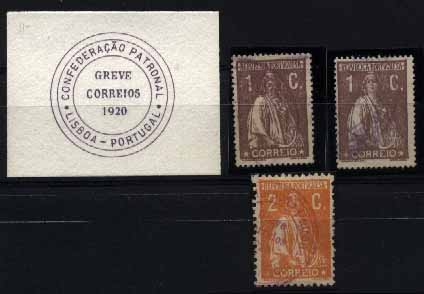 23Lis_1825.jpg -     Lote:    1825            Portugal       Descrição:         Marcas da greve dos correios de 1920 &mdash; Lote composto por dois selos de 1c castanho, CE221 + selo de 2c laranja CE223, todos tipo Ceres. Marcas batidas a violeta da "CONFEDERAÇÃO PATRONAL / GREVE DOS CORREIOS 1920 / LISBOA &mdash; PORTUGAL".        O       Valor Base:     &euro; 10,00     Valor Venda:     Retirado     
