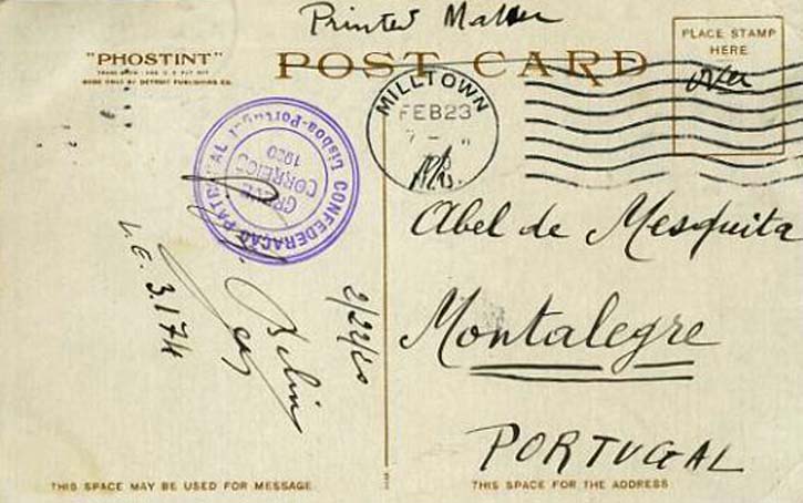 23Lis_1826.jpg -     Lote:    1826            Portugal       Descrição:         Marcas da Greve dos Correios. Postal ilustrado circulado de Milltown * EUA (23.02.1920) para Montalegre, com selo de 1c verde. Marca batida a violeta (tipo pequeno) "CONFEDERAÇÃO PATRONAL / GREVE CORREIOS 1920 / LISBOA &mdash; PORTUGAL". MB.        PI       Valor Base:     &euro; 60,00     Valor Venda:     &euro; 70,00     