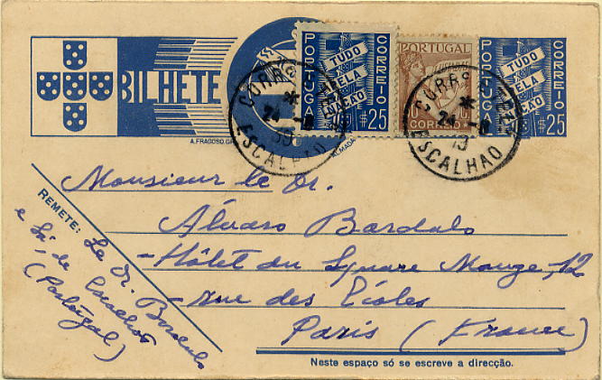 23Lis_1827.jpg -     Lote:    1827            Portugal       Descrição:         Carimbos tipo francês &mdash; Inteiro postal tipo "Tudo pela Nação" de $25 OM83, circulado com selos adicionais CE522 e CE570, obliterados com carimbo batido a preto de "ESCALHÃO". MB        IC       Valor Base:     &euro; 10,00     Valor Venda:     &euro; 10,00     