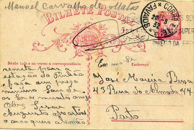 23Lis_1829.jpg -     Lote:    1829            Portugal       Descrição:         Carimbos tipo francês &mdash; Inteiro postal de 25c tipo Lusíadas OM80, circulado de Favaios (20.08.32) para o Porto (21.08.32) obliterado com carimbo batido a preto "FAVAIOS". MB e R.        IC       Valor Base:     &euro; 15,00     Valor Venda:     Retirado     