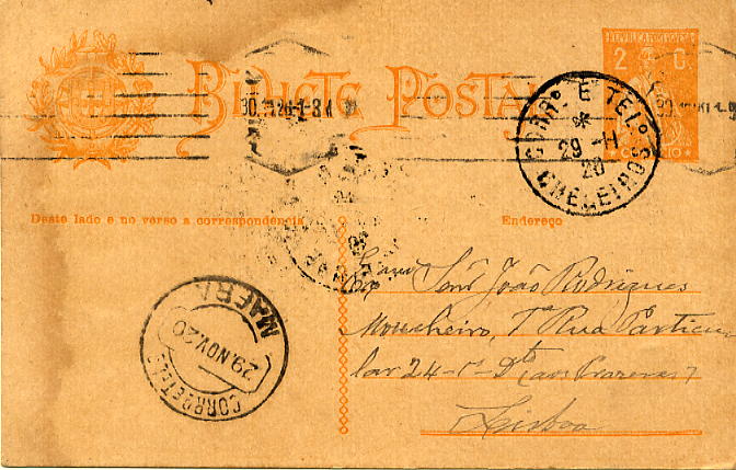 23Lis_1830.jpg -     Lote:    1830            Portugal       Descrição:         Carimbos tipo francês &mdash; Inteiro postal tipo Ceres de 2c ocre OM61 circulado de Cheleiros (29.11.20) para Lisboa com trânsito por Mafra (29.11.20), obliterado com carimbo batido a preto de "CHELEIROS".        IC       Valor Base:     &euro; 8,00     Valor Venda:     &euro; 8,00     