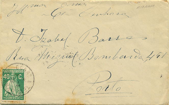 23Lis_1831.jpg -     Lote:    1831            Portugal       Descrição:         Carimbos tipo francês &mdash; Sobrescrito circulado de Miramar (03.09.29) para o Porto (04.09.29) com trânsito por Granja (03.09.29) com selo de 40c Ceres emissão Londres CE406, obliterado com carimbo batido a preto de "MIRAMAR".        Carta       Valor Base:     &euro; 10,00     Valor Venda:     Retirado     