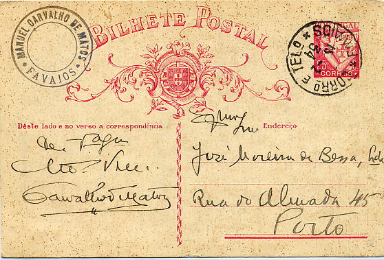 23Lis_1833.jpg -     Lote:    1833            Portugal       Descrição:         Carimbos tipo francês. 1931 &mdash; Lusíadas. OM79, 25C carmim, cartolina branca, circulado de Favaios (15.02.34) para o Porto. Carimbo batido a preto de FAVAIOS.        IC       Valor Base:     &euro; 15,00     Valor Venda:     Retirado     