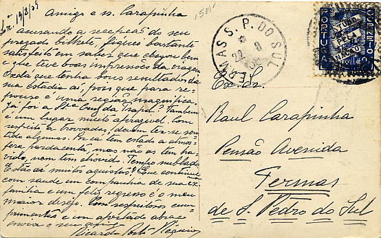23Lis_1834.jpg -     Lote:    1834            Portugal       Descrição:         Carimbos tipo francês. Postal ilustrado circulado com selo de $25 Tudo pela Nação, de Lisboa para São Pedro do Sul (22.09.39). Carimbo batido a preto de TERMAS S. P. DO SUL.        PI       Valor Base:     &euro; 6,00     Valor Venda:     Retirado     