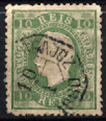 23Lis_1837.jpg -     Lote:    1837            Portugal       Descrição:         Marcas ferroviárias. 1879/80 &mdash; D. Luís I, fita direita. Novas cores. CE49, 10 reis verde amarelo, denteado 12 &frac12;, obliterado com carimbo octogonal "R. A. LISBOA &mdash; BADAJOZ / 10/1/1880". Ligeiros defeitos no denteado.        O       Valor Base:     &euro; 5,00     Valor Venda:     Retirado     