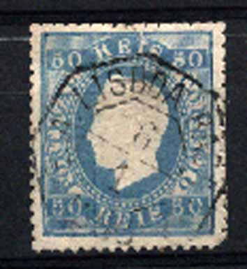 23Lis_1838.jpg -     Lote:    1838            Portugal       Descrição:         Marcas ferroviárias. 1879/80 &mdash; D. Luís I, fita direita. Novas cores. CE50, 50 reis azul, denteado 13 &frac12;, obliterado com carimbo octogonal "R. A. LISBOA &mdash; BADAJOZ / 6/4/1883". Um dente curto no canto inferior direito.        O       Valor Base:     &euro; 8,00     Valor Venda:     Retirado     