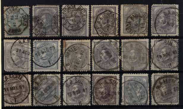 23Lis_1840.jpg -     Lote:    1840            Portugal       Descrição:         Marcas ferroviárias. 1880/81 &mdash; D. Luís I, de perfil. OM54, 25 reis cinzento a violeta vermelho. Lote de 18 selos com marcas de ambulâncias ferroviárias diversas. Lote a ver.        Lote       Valor Base:     &euro; 5,00     Valor Venda:     &euro; 6,00     