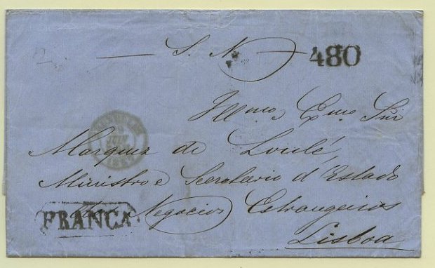 23Lis_1850.jpg -     Lote:    1850            Portugal       Descrição:         Marcofilia diversa. Carta circulada de Amesterdão (Consulado Geral de Portugal) em 26.06.1857) para Lisboa (06.07.57), porteada à chegada com 480 reis e marca "FRANCA" batidos a preto.        Carta       Valor Base:     &euro; 10,00     Valor Venda:     &euro; 10,00     