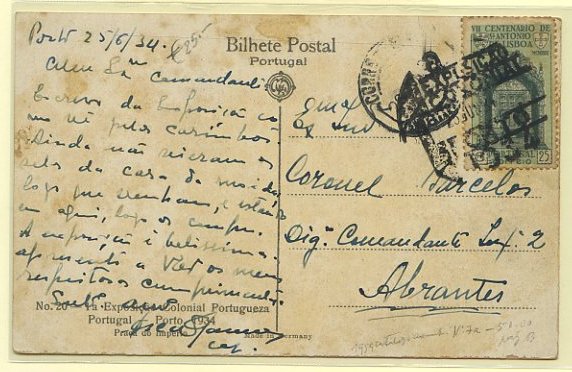 23Lis_1853.jpg -     Lote:    1853            Portugal       Descrição:         Carimbos comemorativos. Postal ilustrado da 1.ª Exposição Colonial Portuguesa circulado do Porto (25.06.34) para Abrantes (26.06.34) com selo de 25C CE532, obliterados com carimbo comemorativo batido a preto "1.ª EXPOSIÇÃO COLONIAL / PORTO / 1934". R.        PI       Valor Base:     &euro; 30,00     Valor Venda:     Retirado     