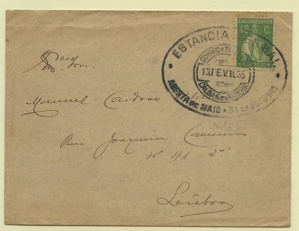23Lis_1854.jpg -     Lote:    1854            Portugal       Descrição:         Carimbos publicitários. Sobrescrito circulado de Caldas da Rainha (13.02.1935) para Lisboa (14.02.35) com selo de 40c verde tipo Ceres CE503. Carimbo publicitário da ESTÂNCIA TERMAL das Caldas da Rainha. B.        Carta       Valor Base:     &euro; 5,00     Valor Venda:     &euro; 10,00     
