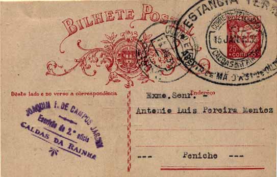 23Lis_1855.jpg -     Lote:    1855            Portugal       Descrição:         Carimbos publicitários. 1931 &mdash; Lusíadas. OM80, 25c carmim sobre cartolina branca, circulado de Caldas da Rainha (15.01.35) para Peniche (16.01.35). Carimbo publicitário da Estância Termal das Caldas da Rainha.        IC       Valor Base:     &euro; 5,00     Valor Venda:     Retirado     