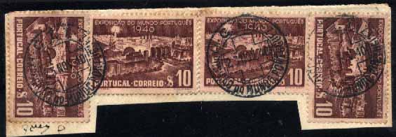 23Lis_1856.jpg -     Lote:    1856            Portugal       Descrição:         1940 &mdash; Bicentenários da Fundação e Restauração de Portugal. Exposição do Mundo Português. CE591. Fragmento com 4 selos de 10c lilás vermelho, obliterados com carimbo comemorativo da Exposição.        FRG       Valor Base:     &euro; 4,00     Valor Venda:     Retirado     