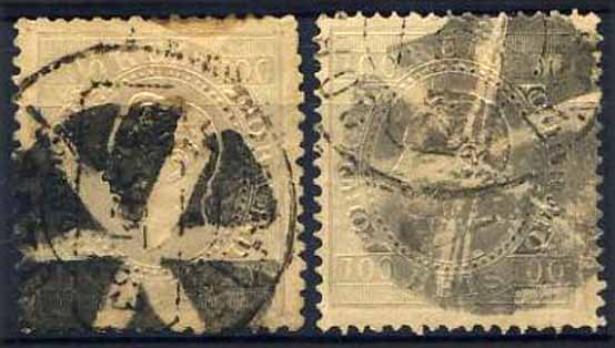 23Lis_1857.jpg -     Lote:    1857            Portugal       Descrição:         1870/76 &mdash; D. Luís I. Fita direita. CE43, 100 reis lilás. Lote de dois selos em denteados 12 &frac12; e 13 &frac12;, papel liso, obliterados com carimbos mudos do Brasil.        O       Valor Base:     &euro; 10,00     Valor Venda:     &euro; 14,00     