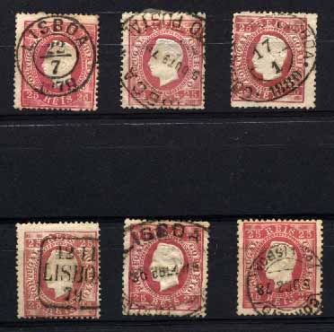 23Lis_1860.jpg -     Lote:    1860            Portugal       Descrição:         Marcofilia diversa. 1870/76 &mdash; D. Luís I, fita direita. OM40, 25 reis carmim. Lote de 6 selos com diversas marcas de LISBOA. Lote a ver.        Lote       Valor Base:     &euro; 5,00     Valor Venda:     &euro; 5,00     