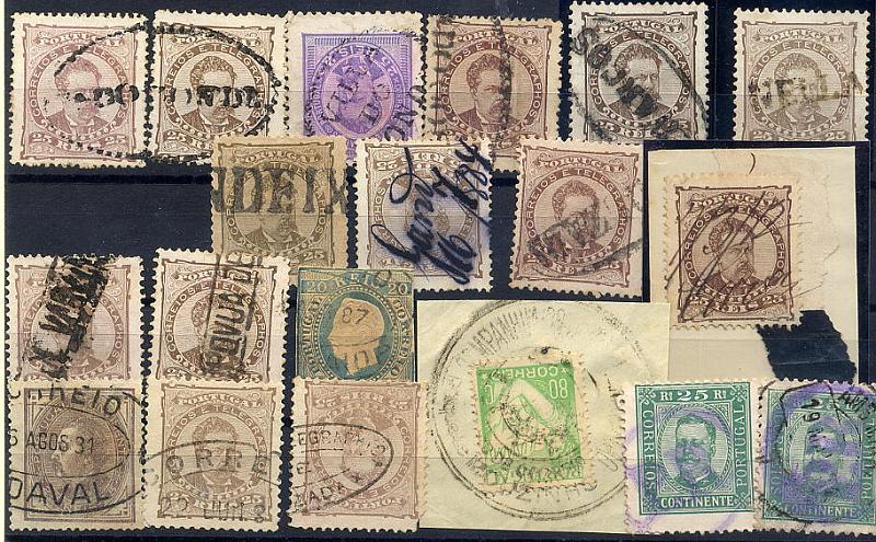 23Lis_1862.jpg -     Lote:    1862            Portugal       Descrição:         Marcofilia diversa. Lote composto por 19 selos, a maioria D. Luís de frente de 25 reis, com marcofilia diversa: nominativos, dupla oval, carimbo do Paquete Mouzinho em fragmento, utilizações fiscais, telegrafia eléctrica, etc. Lote a ver.        Lote       Valor Base:     &euro; 20,00     Valor Venda:     &euro; 20,00     