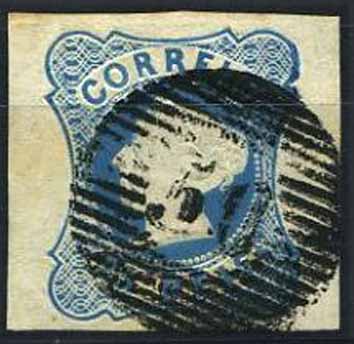 23Lis_1864.jpg -     Lote:    1864            Açores       Descrição:         Precursores. 1853 &mdash; D. Maria II. CE2, 25 reis azul, com margens largas, obliterado com carimbo numérico da 1.ª reforma batido a preto n.º 50 &mdash; Ponta Delgada. Valor de catálogo &euro; 130,00.        O       Valor Base:     &euro; 50,00     Valor Venda:     &euro; 55,00     