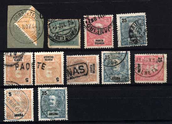 23Lis_1865.jpg -     Lote:    1865            Açores       Descrição:         Marcofilia diversa. Lote de 11 selos de diversas emissões (D. Carlos I) com marcofilia diversa dos Açores. Lote a ver.        Lote       Valor Base:     &euro; 10,00     Valor Venda:     &euro; 12,00     
