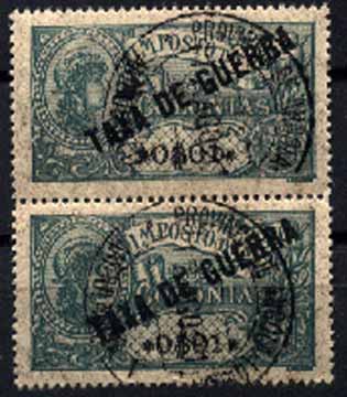 23Lis_1870.jpg -     Lote:    1870            Angola       Descrição:         Marcas ferroviárias. Par vertical de 0$01 Taxa de Guerra s/ Imposto de Selo, obliterado com carimbo circular "PROVÍNCIA DE ANGOLA / AMBULÂNCIA V".        O       Valor Base:     &euro; 5,00     Valor Venda:     Retirado     