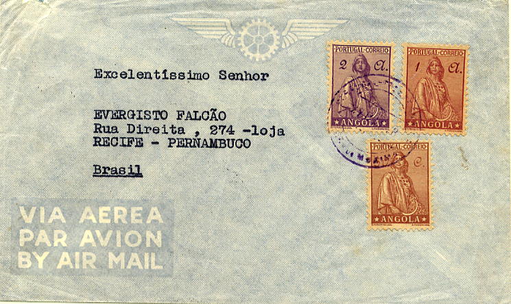 23Lis_1871.jpg -     Lote:    1871            Angola       Descrição:         Carimbos de duplo círculo. 1932 &mdash; Ceres, novo tipo. Sobrescrito circulado por via aérea de Muxima (23.05.1948) para o Brasil (02.06.48) com trânsito por Luanda (24.05.1948) com selos de 50c, 1 e 2 Ags CE236, 241 e 243. Obliteração batida a violeta de MUXIMA. Utilização muito tardia deste carimbo.        Carta       Valor Base:     &euro; 6,00     Valor Venda:     &euro; 28,00     