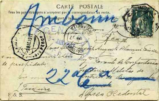 23Lis_1872.jpg -     Lote:    1872            Angola       Descrição:         Marcofilia diversa. Postal ilustrado com selo de 1c. verde, tipo Ceres, remetido de Lisboa (03.01.17) para Benguela (19.02.17) e reendereçado para Novo Redondo (03.03.17) e posteriormente para N'Gabella (15.03.17). Interessante marcofilia.        PI       Valor Base:     &euro; 15,00     Valor Venda:     Retirado     